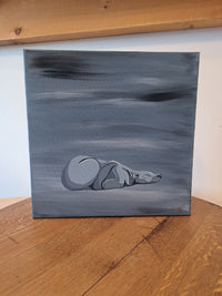 Impressionist painting of a sleeping polar bear on a grey abstract background