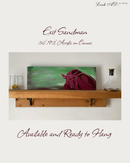 Canvas painting of a stylized moose calf sitting on a wooden shelf with text about availability and dimensions.