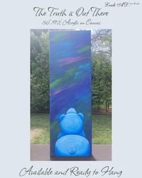 Blue bear painting against a colorful abstract painting with text about the artwork.