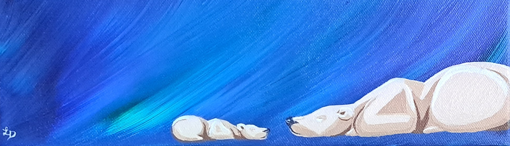 Painting of a polar bear and cub on a blue background