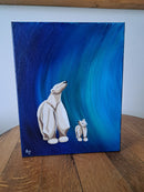 Impressionist Painting of a mother and cub polar bears against a blue abstract background.