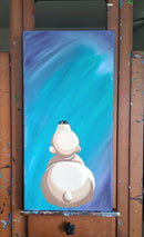 Painting of a polar bear cub on a blue background, displayed on an easel.