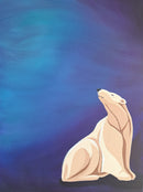 Impressionist painting of a polar bear against a blue background