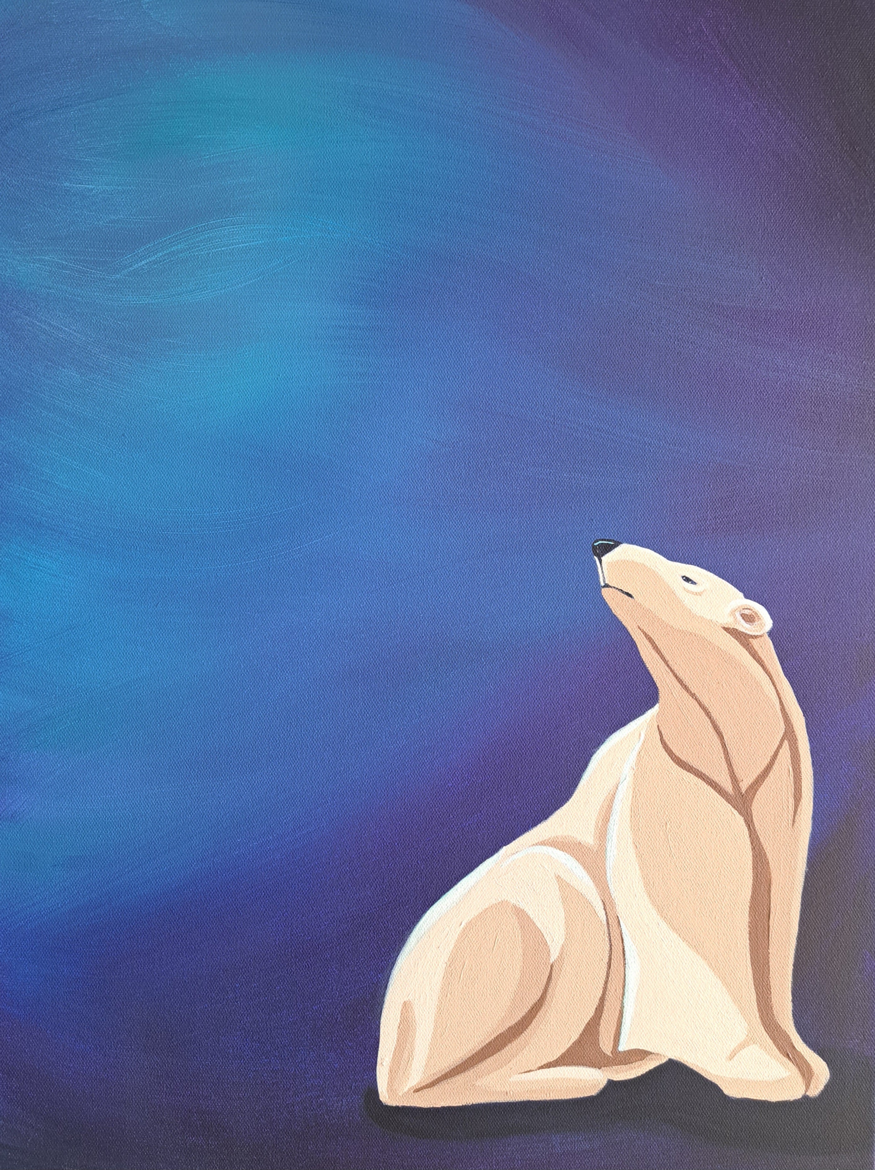 Impressionist painting of a polar bear against a blue background