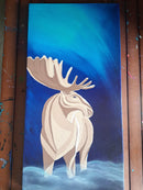 Painting of a moose on a blue background