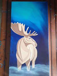 Painting of a moose on a blue background