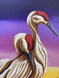 Artistic depiction of two cranes with a purple and yellow gradient background