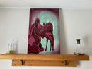 Canvas impressionist painting of a mother and calf moose on a wooden shelf with a white wall background
